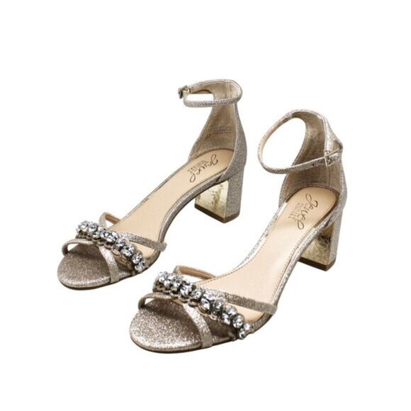 Jewel Badgley Mischka Gold Block Heel Evening Sandals - Picture 6 of 8